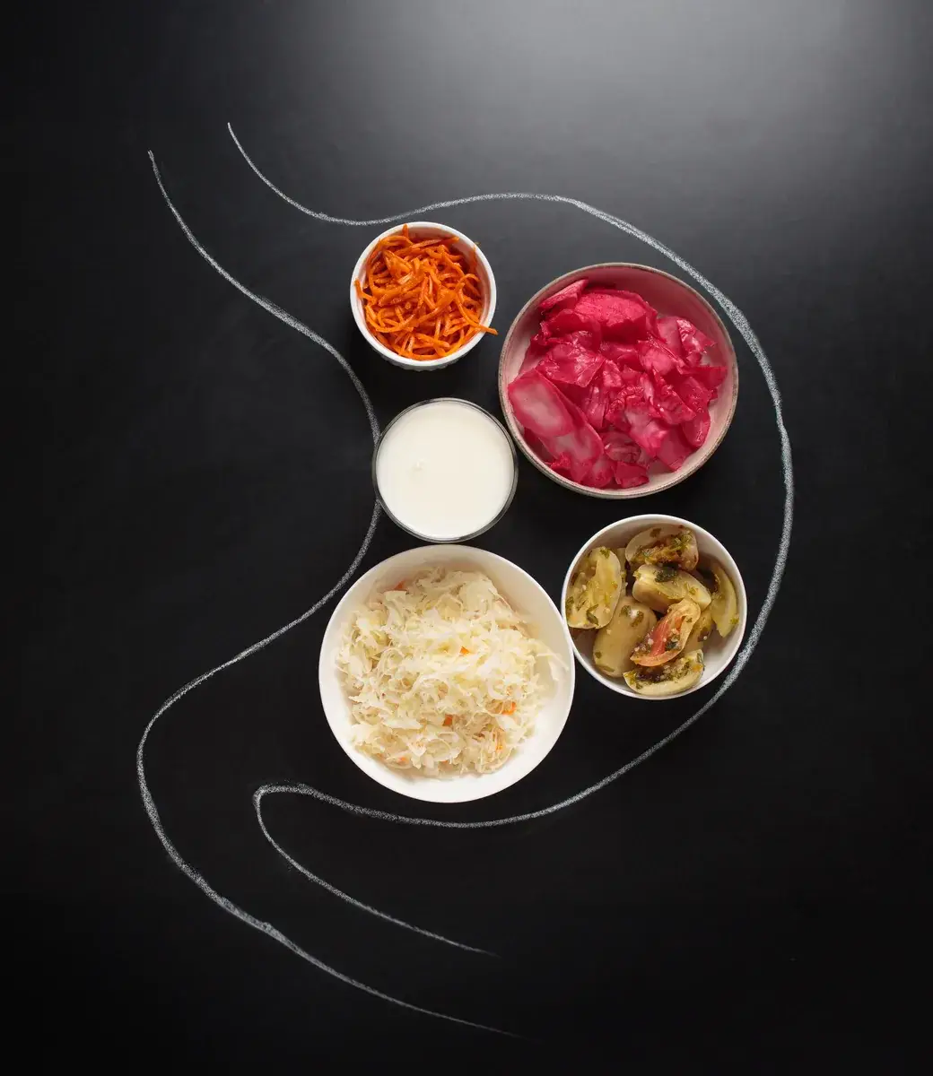 Fermented and probiotic foods arranged in the outline of a stomach, illustrating a balanced gut microbiome