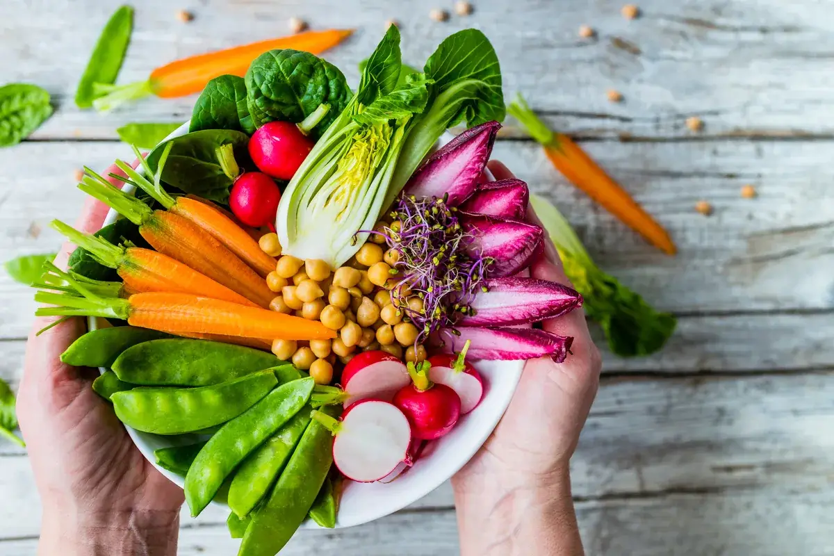 Hands holding a bowl of fresh, colorful, gut-friendly vegetables and legumes