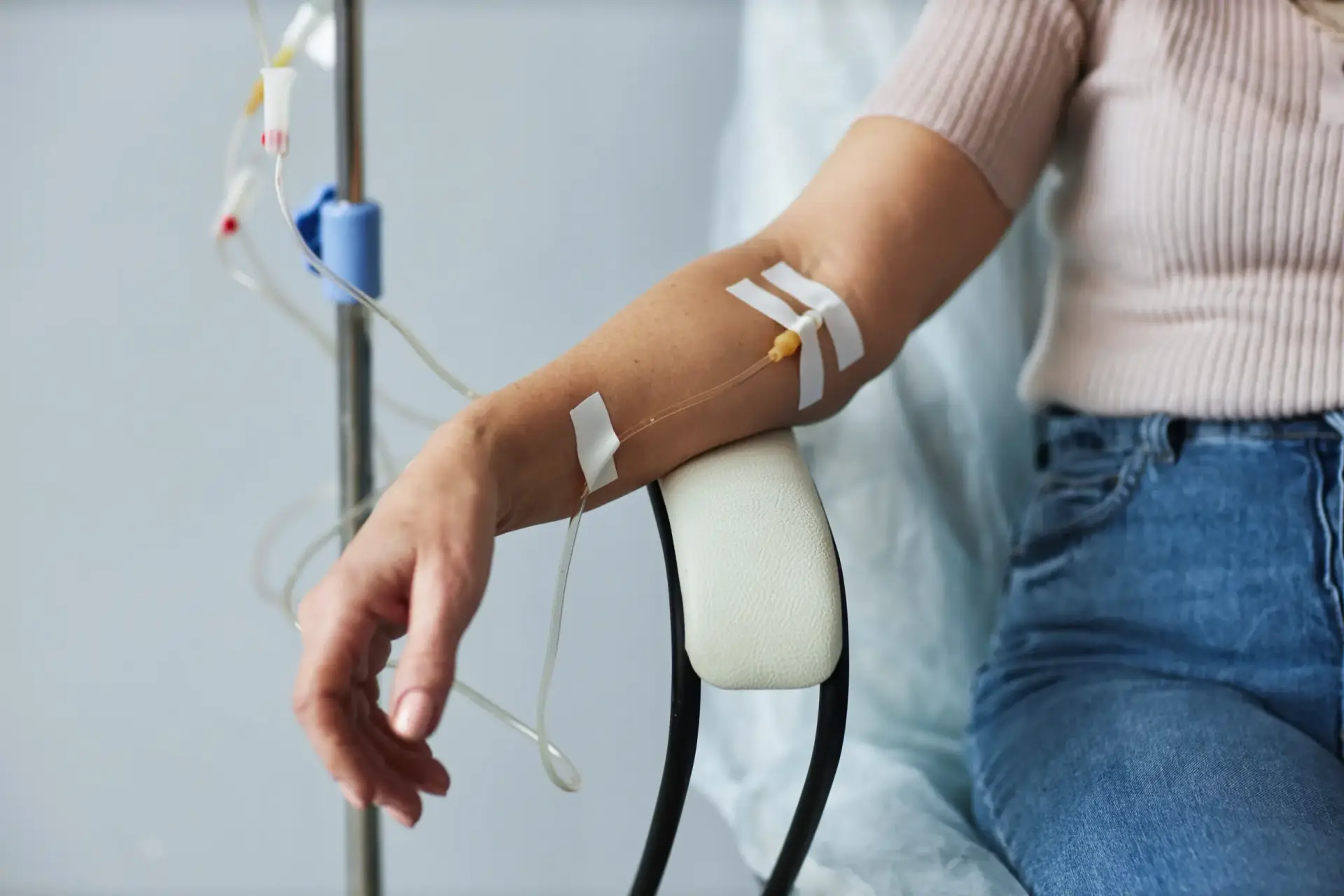 Close-up of an IV vitamin therapy drip during a session in South Tempe, AZ